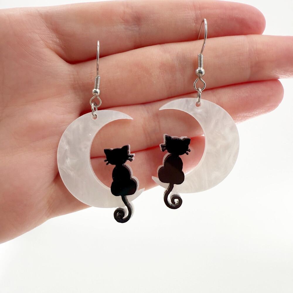 Black Cat Moon Dangle & Drop Earrings, Mother's Day Gift, Cat Earrings, Cat